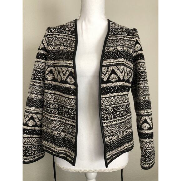 H&M Womens Size 2 Open Cardigan Faux Leather Tie Trim Aztec Black Tweed #4192 - Picture 6 of 10